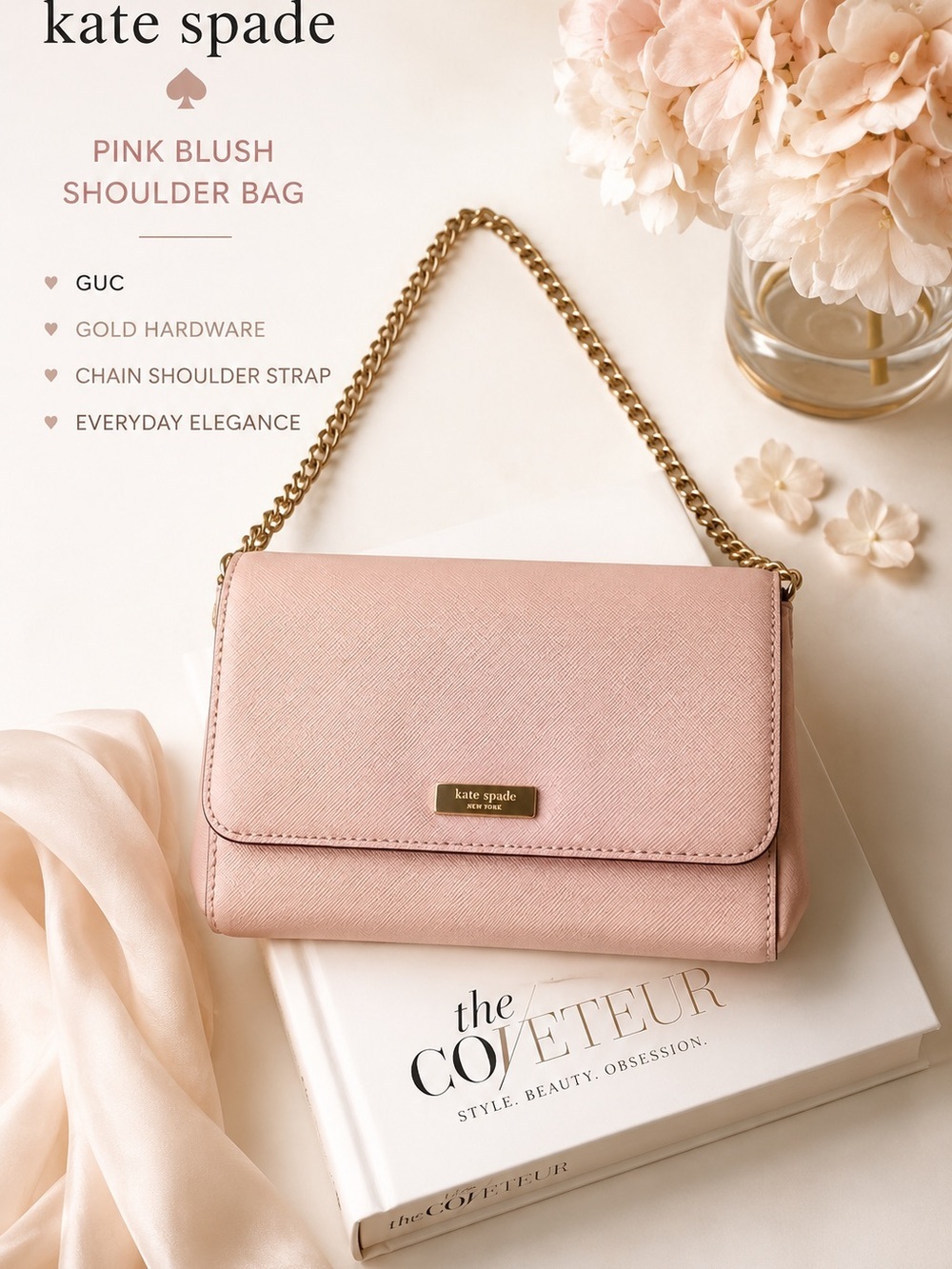 Kate Spade Blush Pink Chain Shoulder Bag Gold Hardware Balletcore Soft Luxury